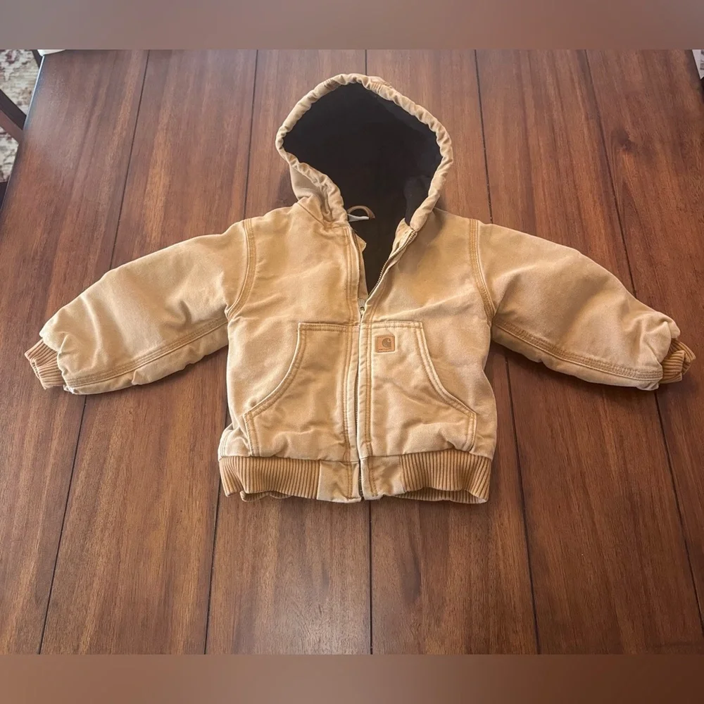 Vintage Carhartt Quilt‎ Lined Full Zip Hooded Denim Jacket 90s Brown Toddler 3T